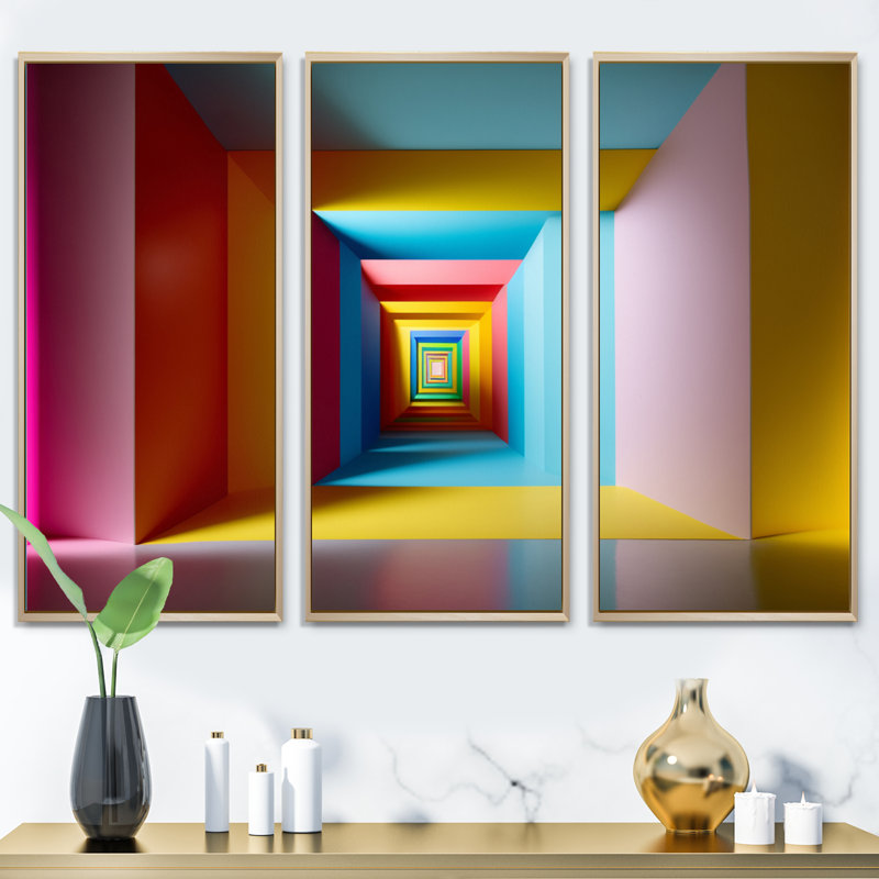 " Pastel Color Rectangular Infinity " 3 - Pieces, Maple Floater Framed, 32" H x 48" W