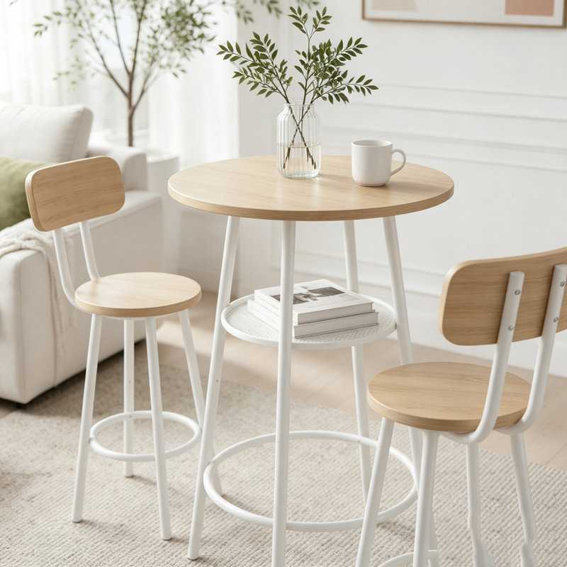 Ensemble de table de bar 3 pièces avec fini imitation bois et tabourets pliables, Chêne blanc