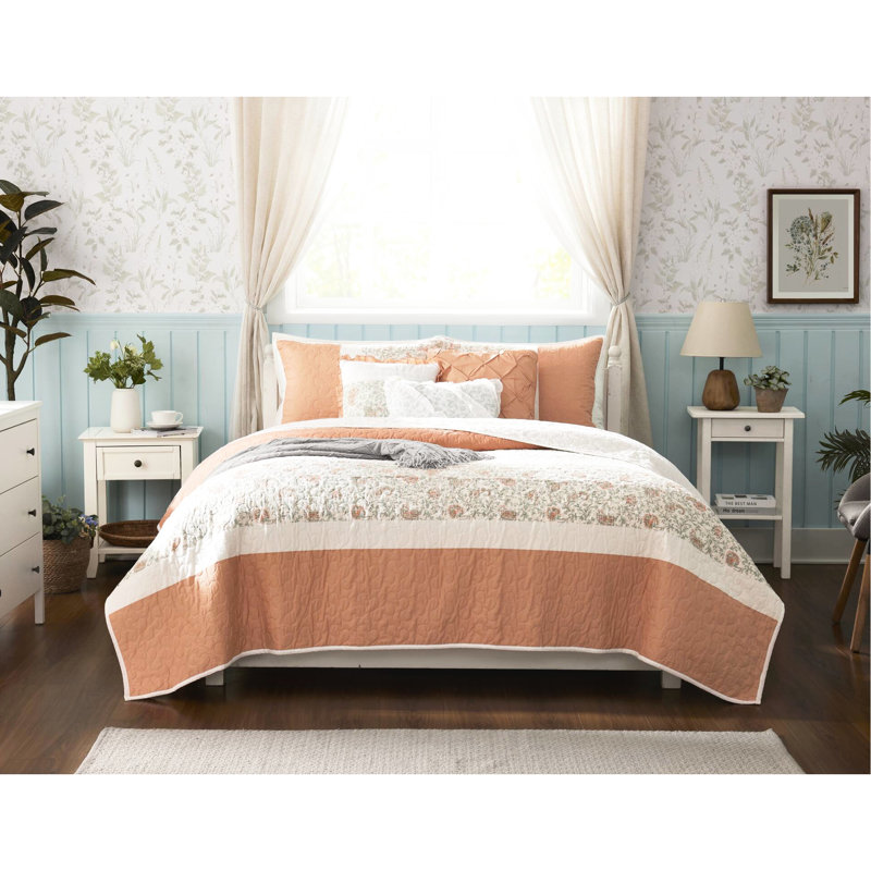 Courtepointe 6 pièces - Coton avec coussins texturés et coussins, Courtepointe pour grand lit + 5 pièces supplémen, Corail
