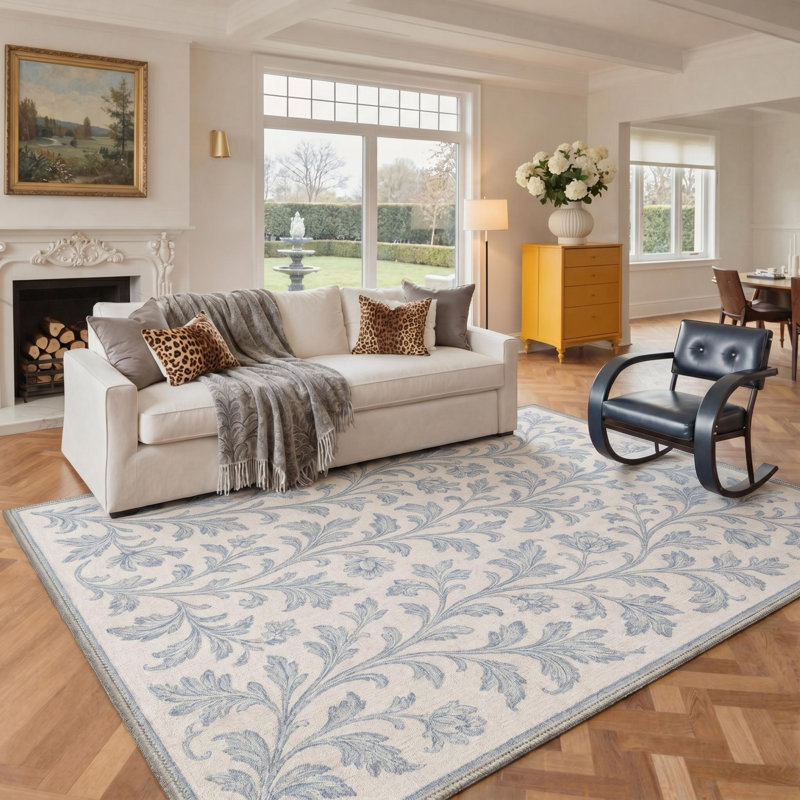 Tapis floral ivoire / bleu lavable à la machine avec envers antidérapant, Rectangle 6' x 9'