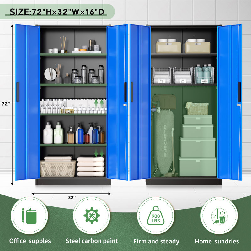 Lakenzie 5 - Shelf Steel Garage Storage Cabinets with Lock (72" H x 32" W x 16" D), Black/Blue