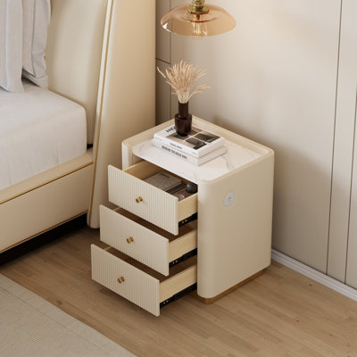 Table de chevet moderne à 3 tiroirs avec plateau en pierre frittée et port USB