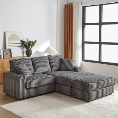84Inch Corduroy 3-seater sofa With 3 back pillows ,2 toss pillows , 2 ottoman ,2 Footstool Storage and cup-holding grooves Comfy Sofa- Deep Seat Couch for Living Room