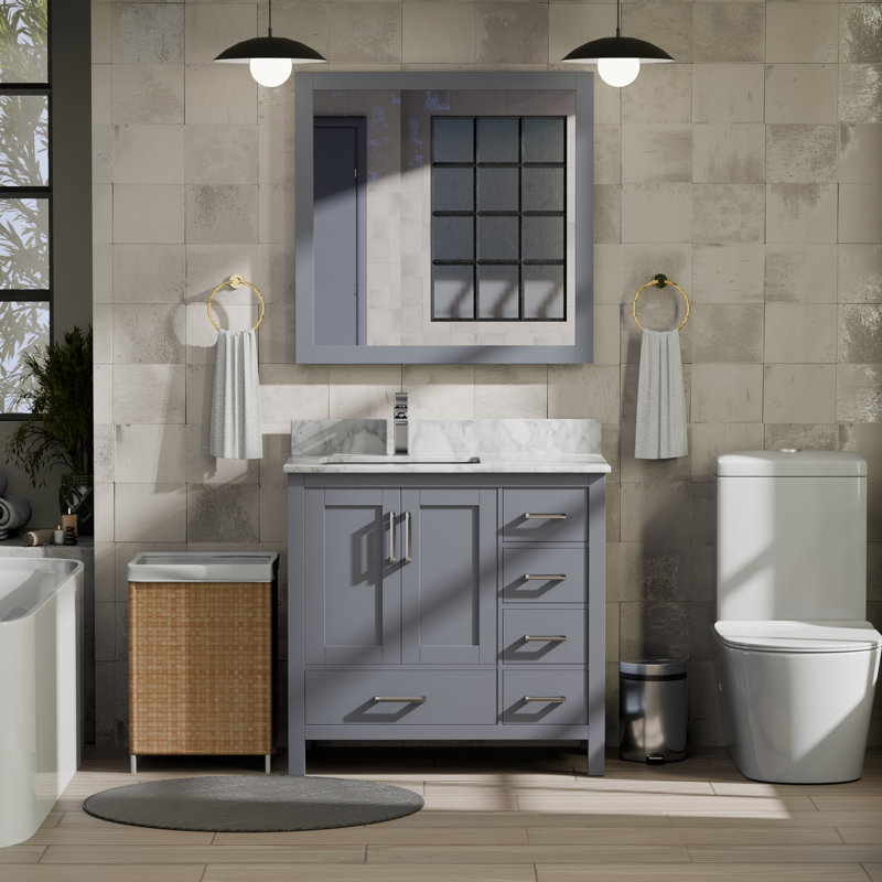 Ensemble de meuble-lavabo simple 36 po Jacques, Gris foncé, Marbre de Carrare blanc
