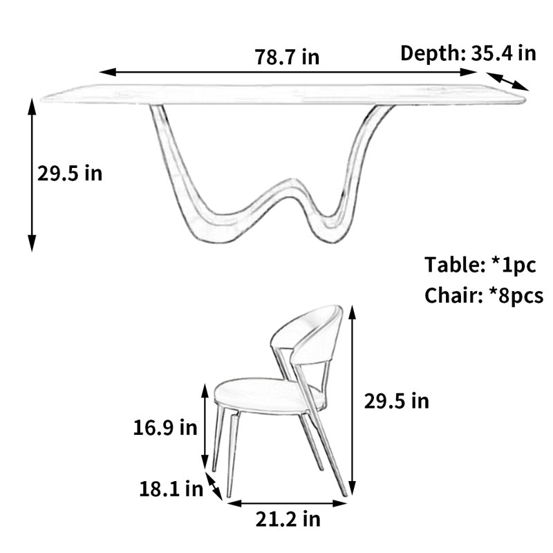Table et chaise de salle à manger à la mode, 9, H 29,5 po x L 78,7 po x l 35,4 po