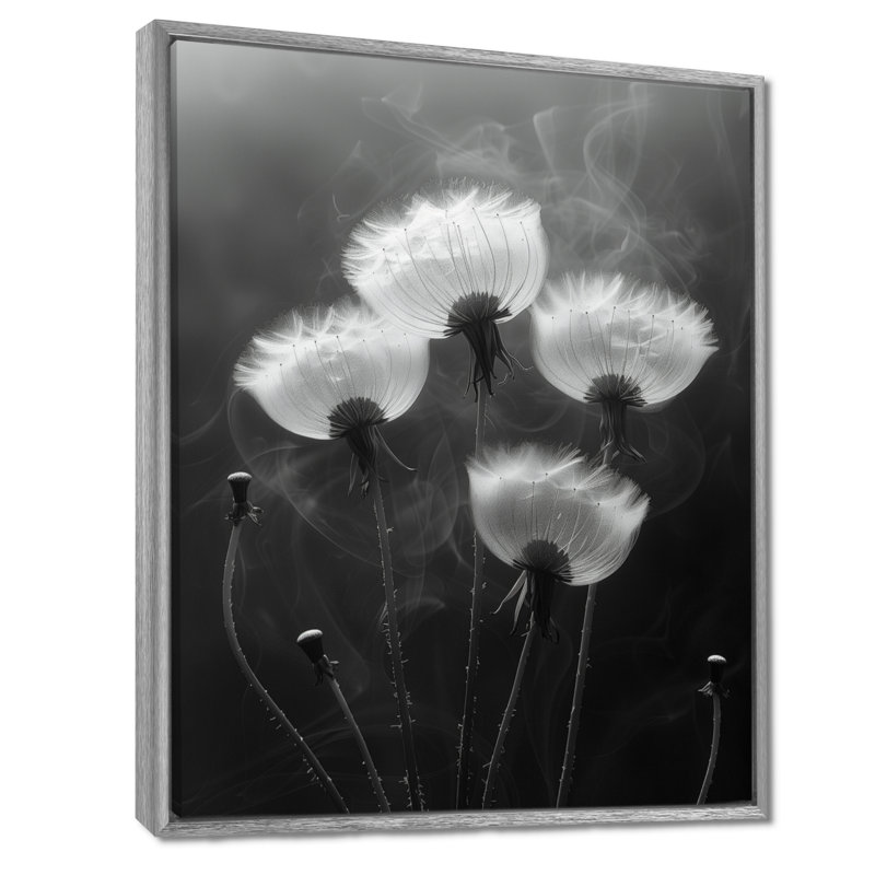 Elegant Monochrome Dandelion Silhouette III - Dandelion Wall Decor, 30" H x 40" W, Silver Floater Framed