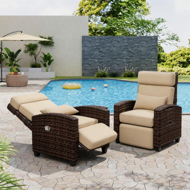 2pcs Patio Reclining Chairs with Adjustable Backrest and Footrest,150° Lay Flat Rattan Reclining Chairs, Flip-Up Table, Removable Cushion,Brown/Khaki