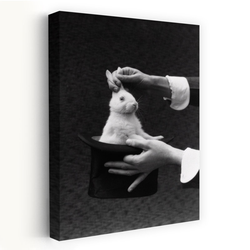 Art des années 1930, mains de magicien tirant un lapin hors d'un chapeau haut de forme, H 60 po x l 40 po