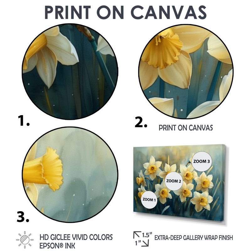 Jardin blanc et jaune, jonquilles de la vie - Jonquilles, art mural salon, Toile tendue, H 40 po x l 60 po