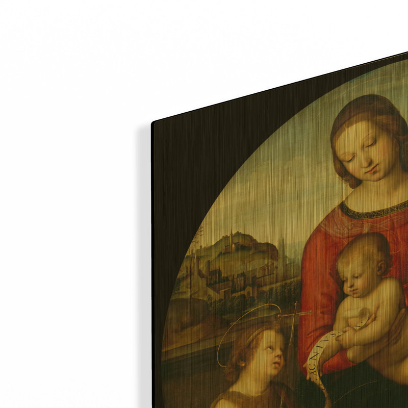 «Madonna with Child, St. John and a Child Saint» par Raphael, art mural en métal doré, 24 po x 24 po, 24 po x 24 po