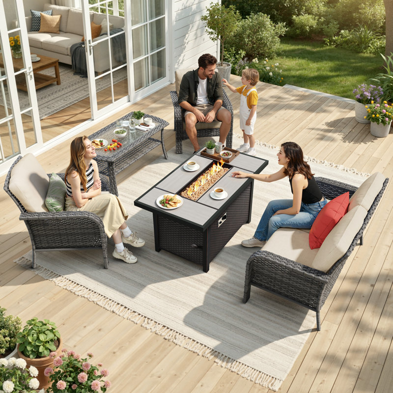 5 Piece Sofa Seating Group with fire pit and Cushions, Beige