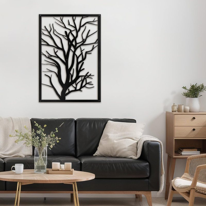 Décoration murale en métal arbre abstrait nu abstrait minimaliste, H 30 po x l 28,85 po x P 0,05 po, Noir
