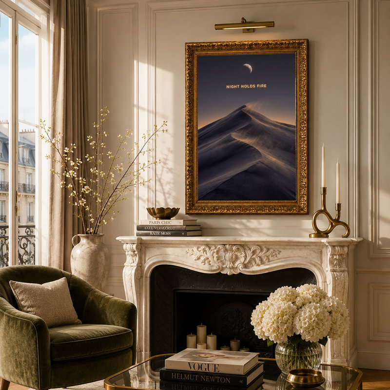 Toile de dunes de vent avec lune et ciel orange chaleureux, art mural, 24"H x 16"W