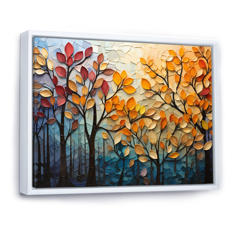 Leaves Autumnal Symphony Patchwork I - Décoration murale feuilles, H 34 po x l 44 po, Reproduction avec cadre flottant, White