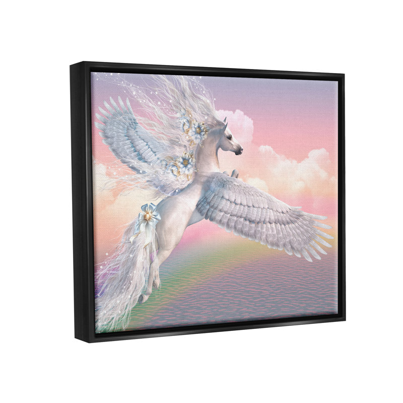 Licorne au-dessus de l'arc-en-ciel, H 25 po x l 31 po x P 1,7 po, Cadre flottant noir de jais