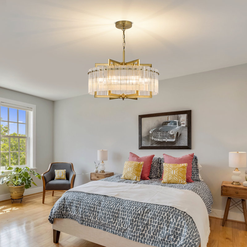 24" Gold Chandelier - 3D Grille Textured Crystal Border, 6-Light Adjustable For Sloped Ceilings