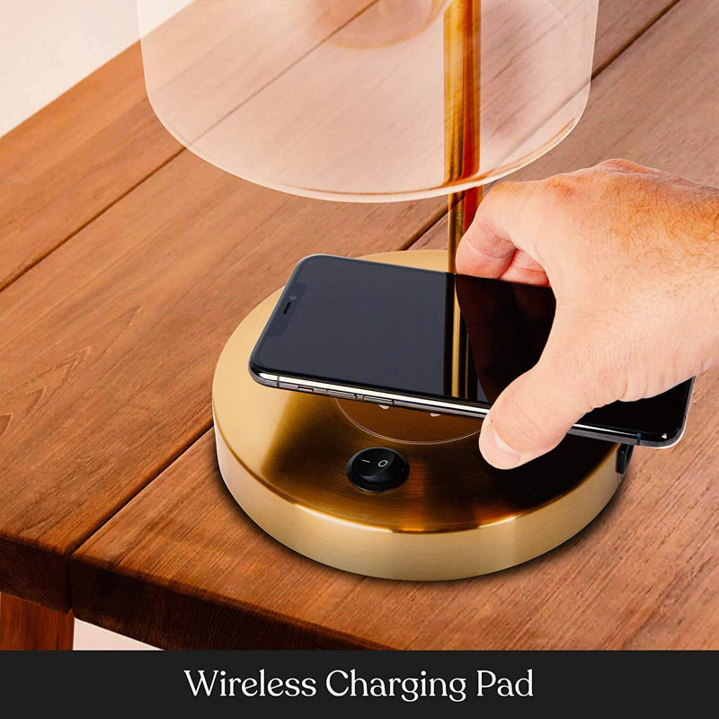 Elizabeth Brass and Glass 16" Desk Lamp with USB and Wireless Charging