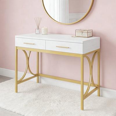Bureau d'ordinateur rectangulaire avec plateau en stratifié blanc et base en métal doré pour le bureau à domicile