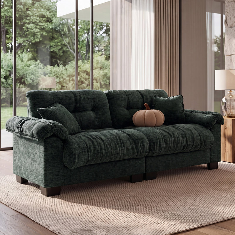 Canapé moderne à 3 places en chenille plissée, canapé-lit confortable de 90 pouces pour le salon, Green Chenille