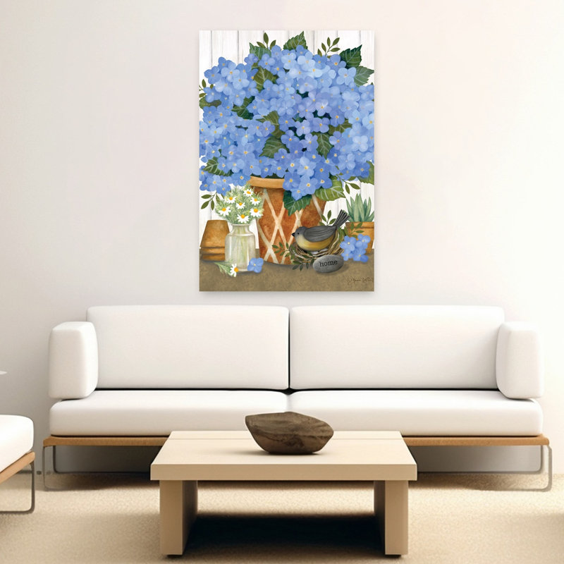 Heavenly Hydrangeas Contemporary Bird Hydrangea Spring Flower Art, 60" H x 40" W