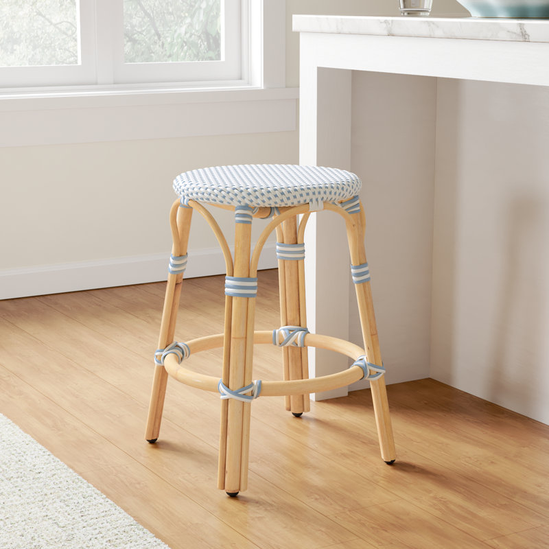 Alastair Hand-Woven Rattan Bar & Counter Stool, Counter Stool (24" Seat Height), White/Sky Blue Dot/Natural Rattan Frame