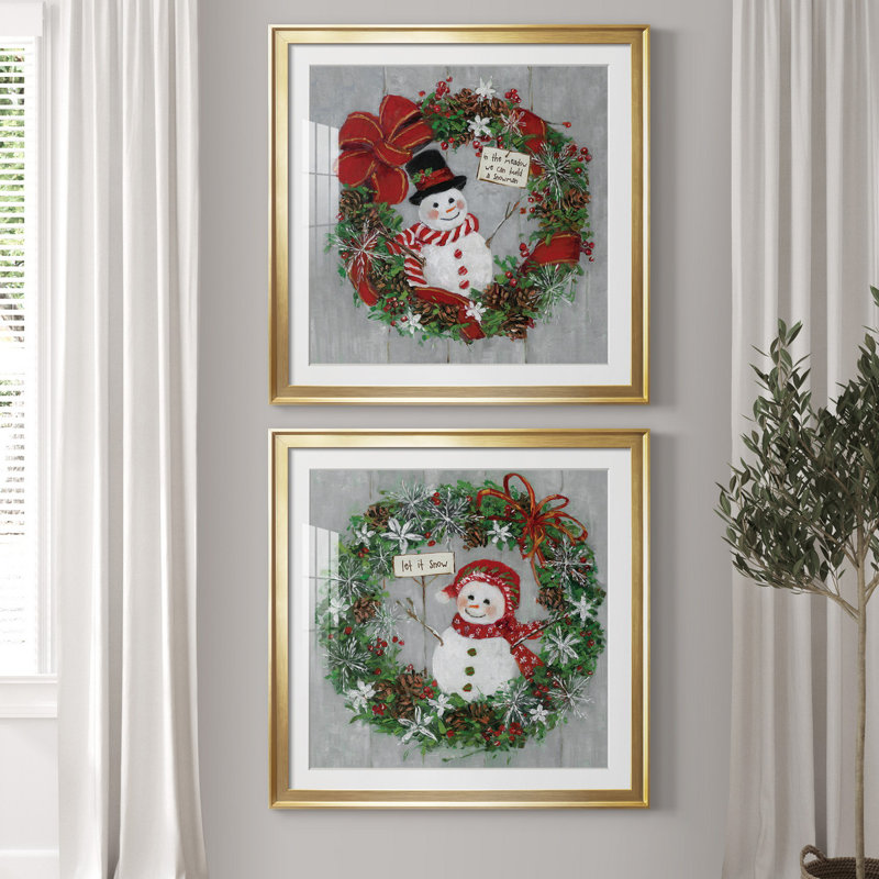 " Mr. Snowman " 2 - Pieces, 26.5" H x 26.5" W x 1" D, Gold Framed Paper, White