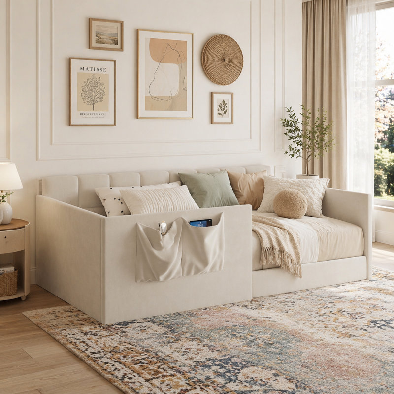 Canapé-lit en velours avec panneaux latéraux hauts et entrée latérale Day Bed, Lit simple, Beige