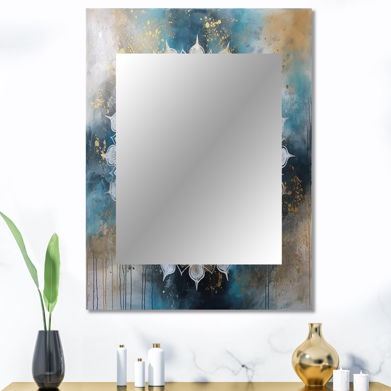 Teal And Gold Mandala III - Boho Mandala Large Wall Mirror, Traditional Decorative Mirror, Printed Metal Art, 40" x 30"