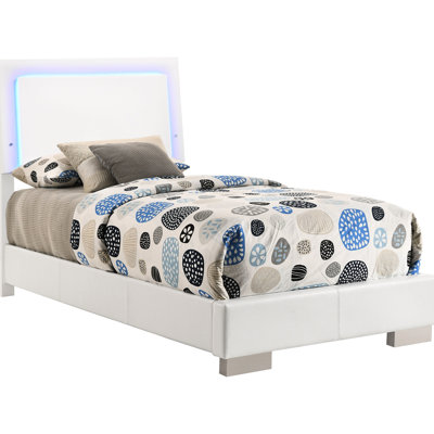 High Gloss White Twin Bed With Led Panels, Slat Design And Four Solid Support Posts For Bedroom Style, 81 Inches Long Panel Detailing, Pillars Atmosphere, 48.5 Tall