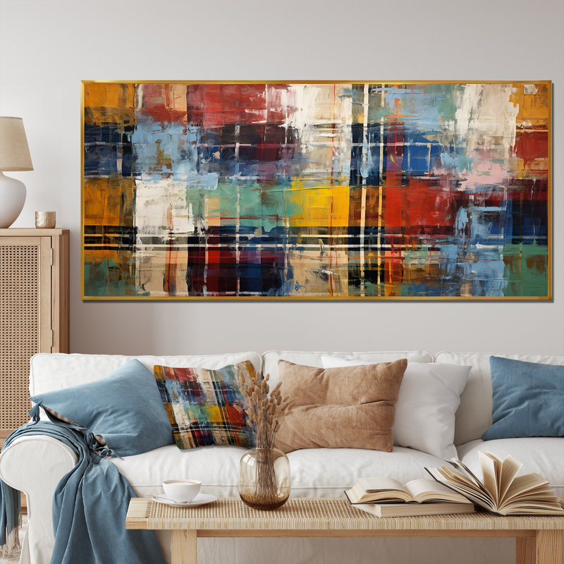 Colourful Earth Colours Tiles IV - Boho Mosaic Wall Art Decor, 28" H x 60" W x 1.5" D, Gold Floater Framed