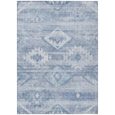 HomeRoots 3' X 5' Denim Blue And Sky Blue Southwestern Washable Indoor Outdoor Area Rug