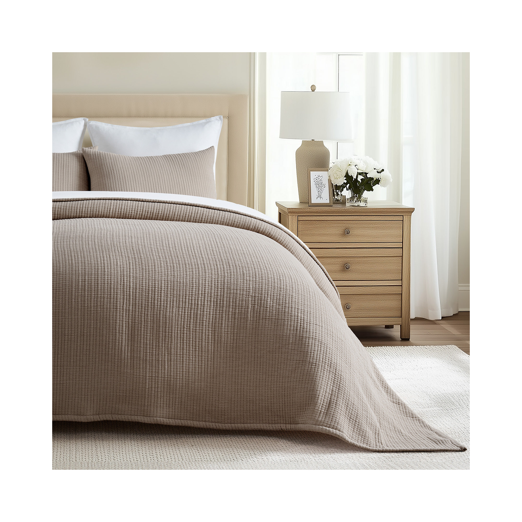 Solid Cotton Gauze Pick-stitch Matelesse Coverlet Bedspread set, Mocha Brown, King Quilt + 2 King Shams