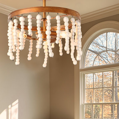 3-Light Mini Semi-Flush Mounted Ceiling Light for Foyer Hallway Stairwell Kitchen Gold with White Wooden Beads