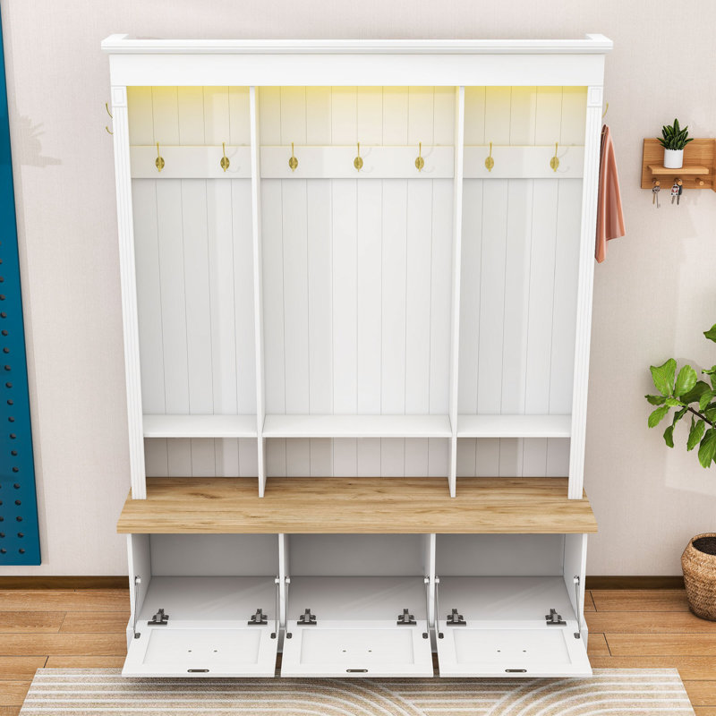 Farmhouse Hall Tree with LED Light Strip, 9 Metal Hooks, 3 Tilt-Out Cabinets and Open Shelves, White