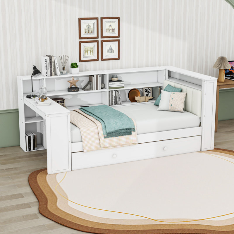 Twin Wood Daybed with Trundle and Built-in Desk, White