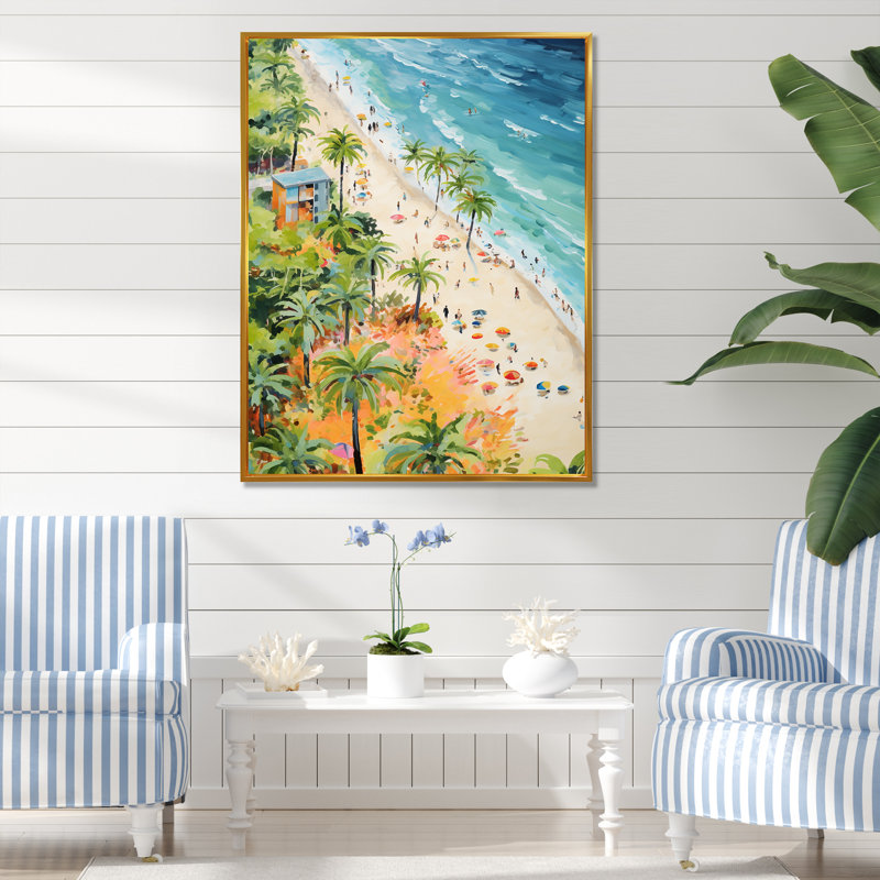 «Pastel Color Coastal Beach Scene Paradise I», art mural plage, Cadre flottant doré, H 60 po x l 28 po