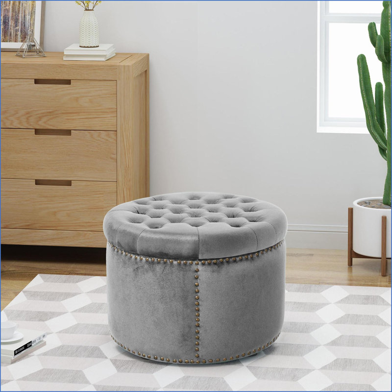 Ottoman Modern Glam Soft Emerald Velvet with Studded Rim, Extra Seating/Footstool, 22x22x15.25 | Wood, Gray