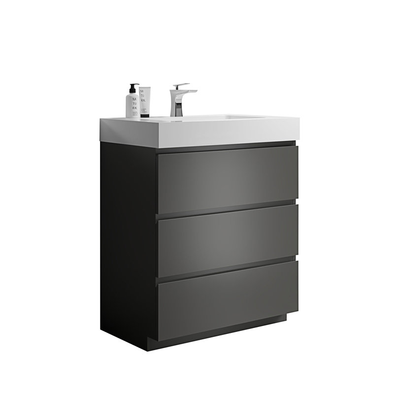 Ensemble de meuble-lavabo autoportant simple 29,9 po avec plateau en pierre Emmalie, gris, Blanc