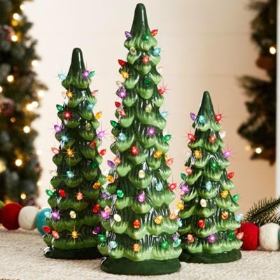 Ensemble de 3 arbres de Noël en céramique, décoration de Noël de table pré-éclairée peinte à la main avec ampoules multicolores, lumières DEL - vert