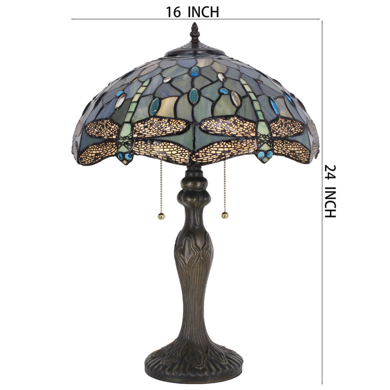 Tiffany Table Lamp Stained Glass Dragonfly Style 16X16X24 Inch Antique Reading Light, Sea Blue