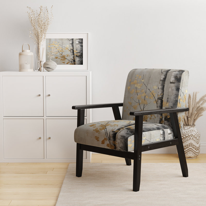Tree Whispers Of Gray And Gold - Upholstered Scandinavian Arm Chair, Monochrome Nature Accent Chair, Black Square Arms