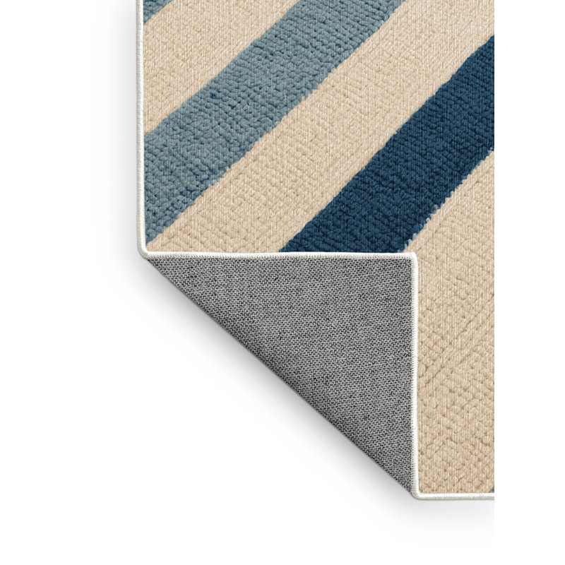 Tapis lavable rayé crème bleu mer, Rond 6 pi
