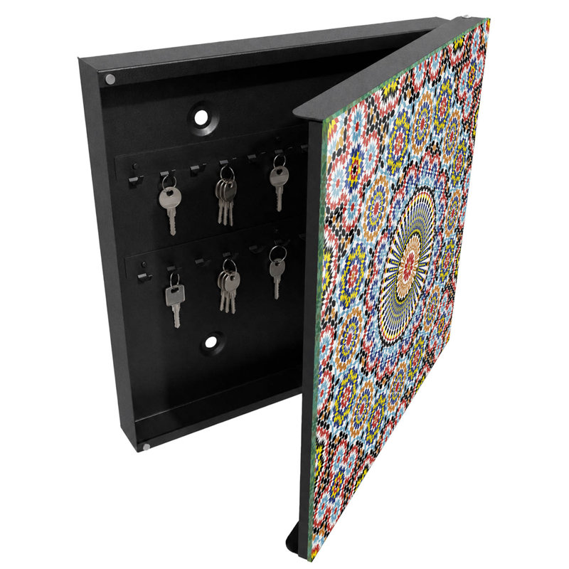 Key box for wall, Opens to the right, 30x30x5, Black, Colorful mosaic patterns dynamic composition, 