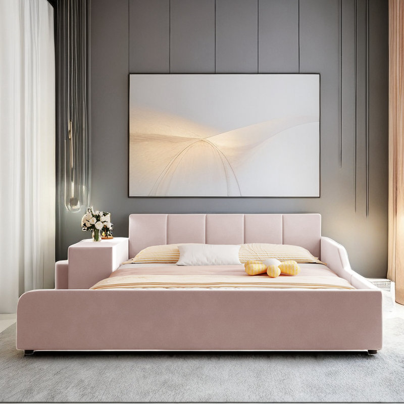 Xannon Upholstered Grounded Bed with Bedside Desk and Little Round Stool, Pink