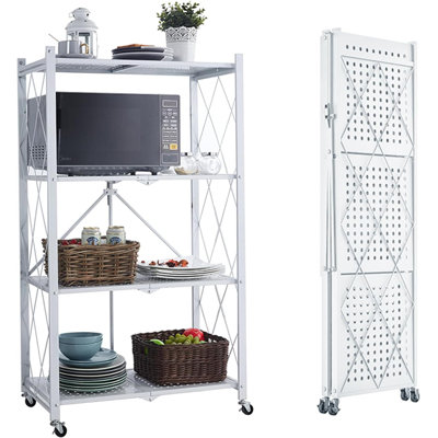Heavy-Duty 4-Tier Folding Shelf With Locking Wheels, No Assembly Required, Collapsible Storage Rack For Kitchen, Bathroom, Office, And Home Organization