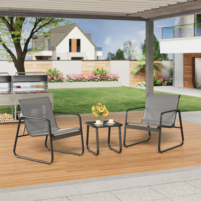 2-Person Outdoor Seating Group with Ergonomic Chairs and Glass Coffee Table for Patio, Poolside, or Garden, Gray