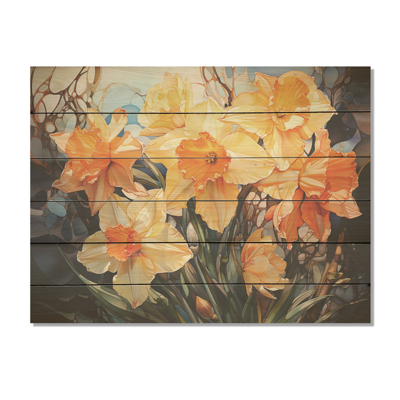 Efflorescence de jonquilles orange - Art mural en bois jonquilles sur bois de pin naturel, H 24 po x l 32 po