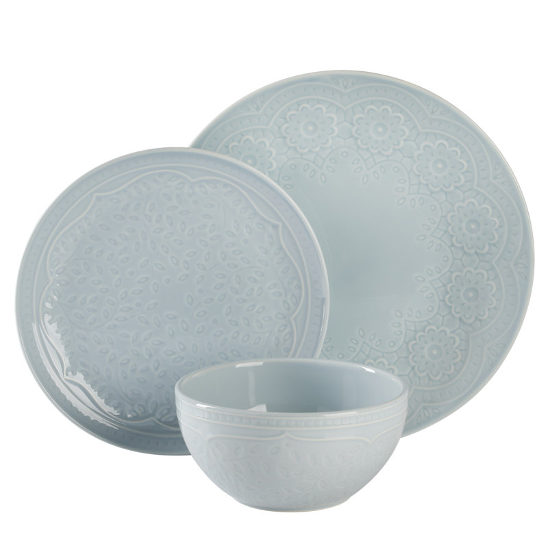 Aqua Floral Embossed Porcelain 18-Piece Dinnerware Set