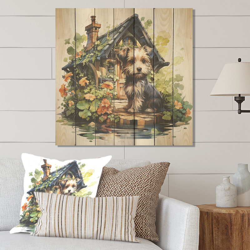 Cozy Yorkshire Terrier Cottage - Chien sur bois, H 15 po x l 15 po