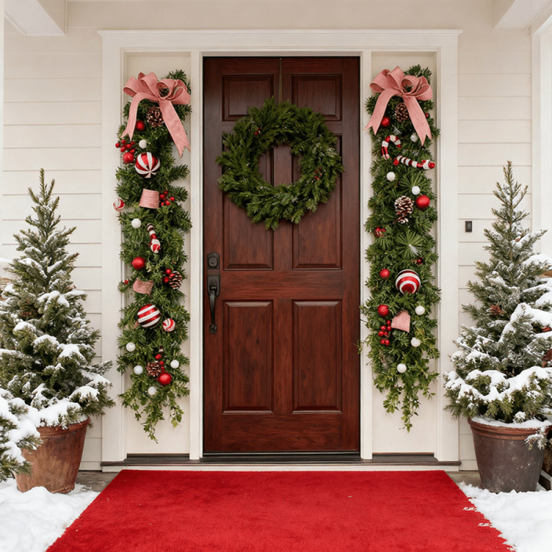 Guirlande de Noël artificielle 6 pi avec pommes de pin, baies rouges et boules, décorations de Noël pour escalier de manteau de cheminée